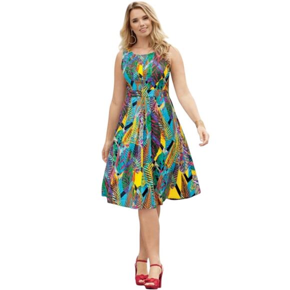 Monroe and Main Tropical Leaf Print Fit and Flare Midi Sundress Size 1X NWT - Picture 2 of 13